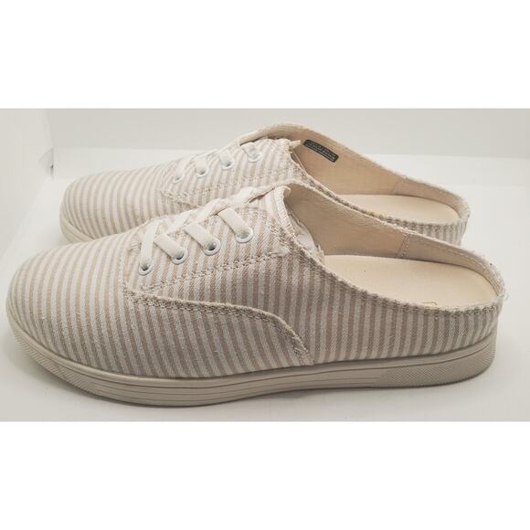 Spenco Orthotic 7.5 Tan Stripe Canvas Slip-On Sneaker Mules Santa Rosa New - Picture 5 of 9